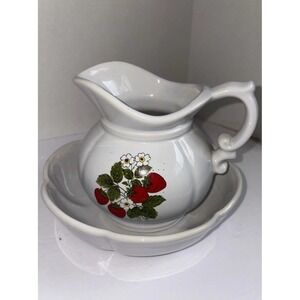 Vintage McCoy Pottery Strawberry Country Pitcher and Wash Basin Bowl #7528 USA